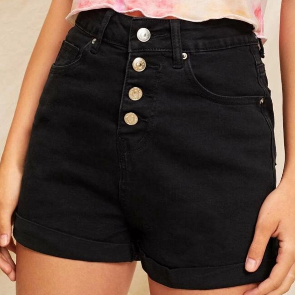 Black High Waisted Button-Up Jean Shorts
